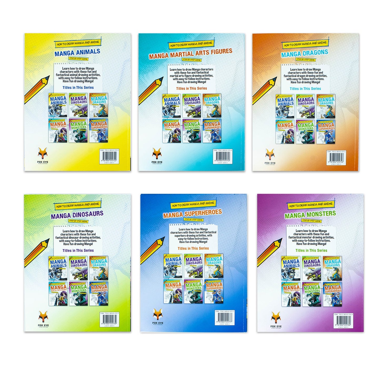Step By Step Guide How To Draw Manga and Anime For Beginners 6 Books Set Collection: (Animals, Dinosaurs, Dragons, Matiral Arts Figures, Monsters, Superheroes)