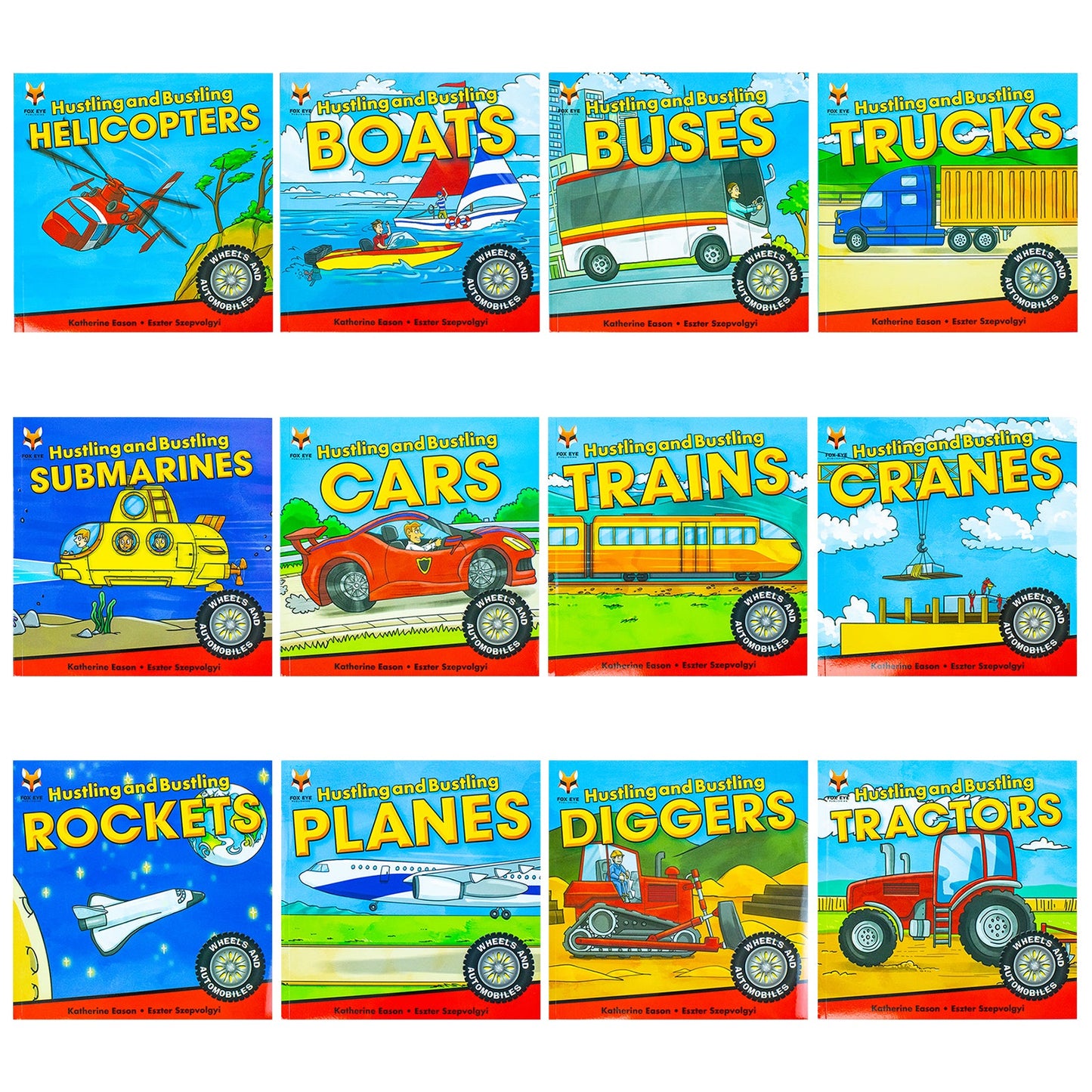 Wheels and Automobiles Collection 12 Amazing Books Set: (Hustling and Bustling Machines, Boats, Buses, Cars & More