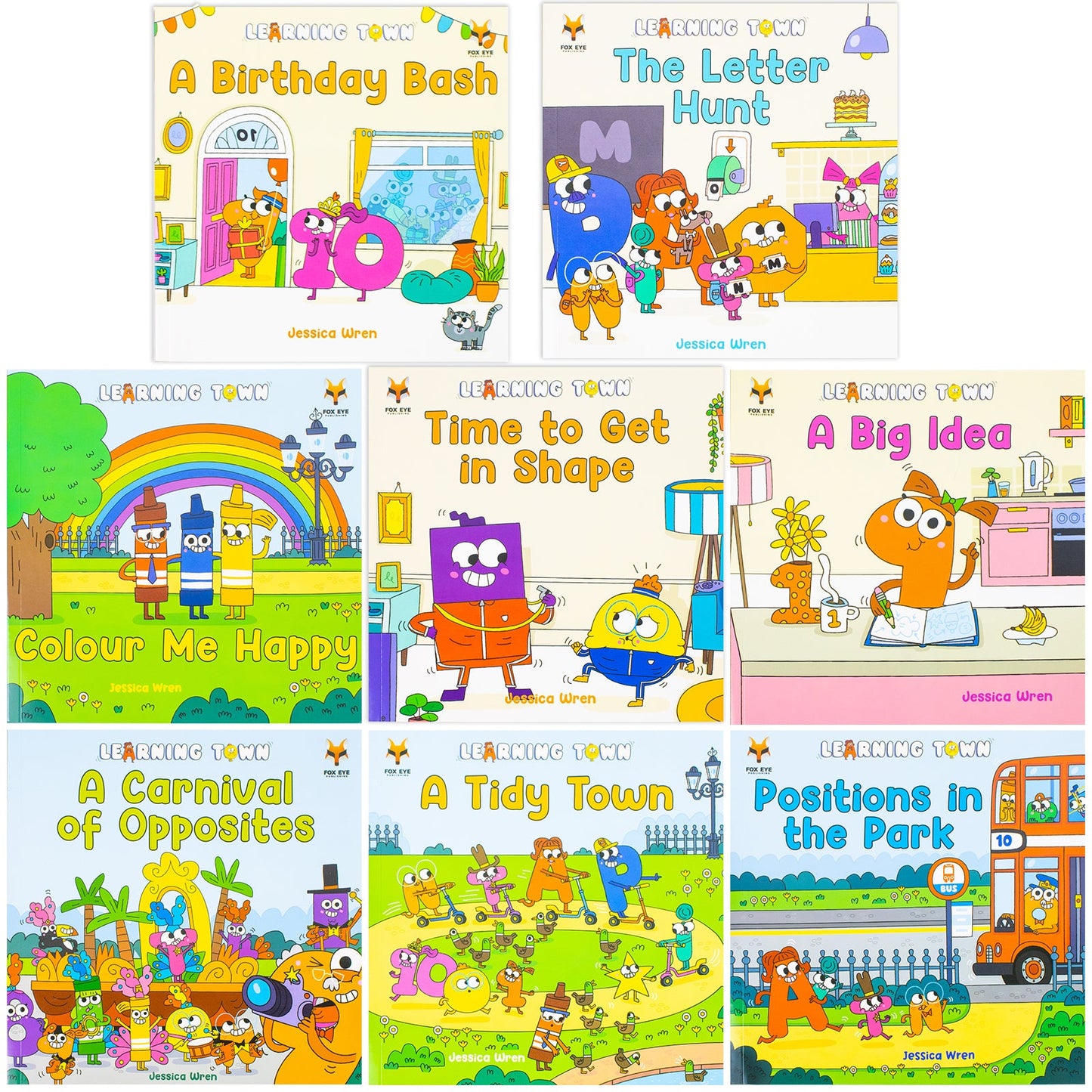 Learning Town 8 Book Set By Jessica Wren (A Birthday Bash,The Letter Hunt,Colour Me Happy,Time To Get In Space And More)